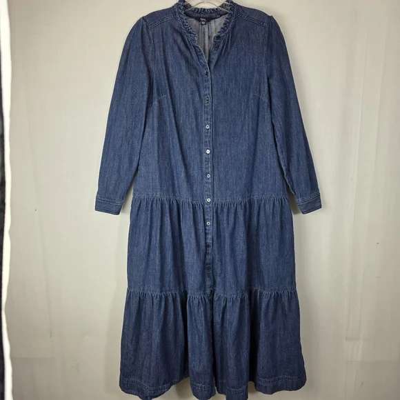 Boden Denim Tiered Midi Dress Ruffle Collar Blue US 12R - Picture 2 of 14